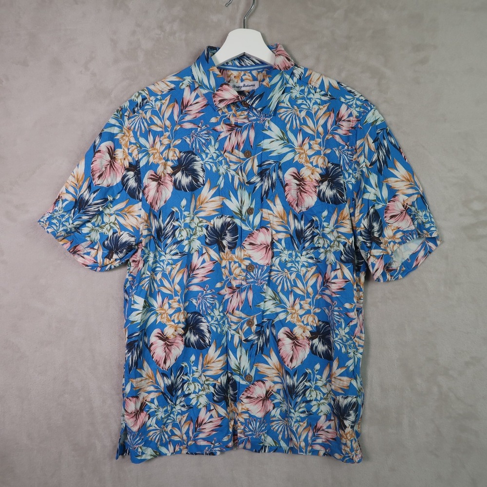 Tommy Bahama Shirt Silk Medium Short Sleeve Uluhu Fronds Picasso Blue Aloha Camp